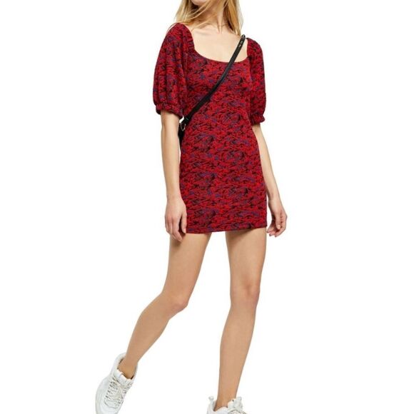 NWT Free People Sunset Red Multi Print Puff Sleeve Bodycon Mini Dress - Picture 1 of 8